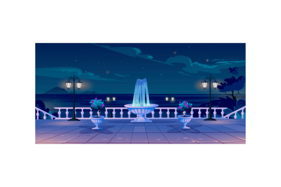 Summer Seafront at Night Time, Empty Quay with Ocean View, Fountain, Decorative Trees, Street Lamps and Vintage Fence